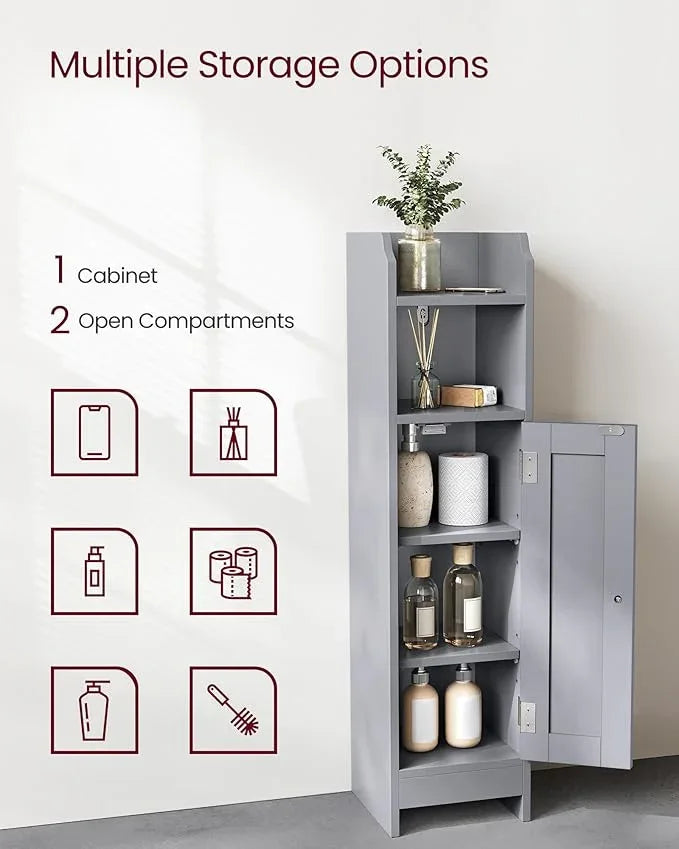 VASAGLE Small Storage Corner Floor Cabinet with Door, 7.9 x 7.1 x 31.5 Inches, Narrow Toilet Paper Storage Holder, Adjustable Shelves, for Bathroom, Living Room, Small Spaces, Dove Gray UBBC310P36 - ModernBath