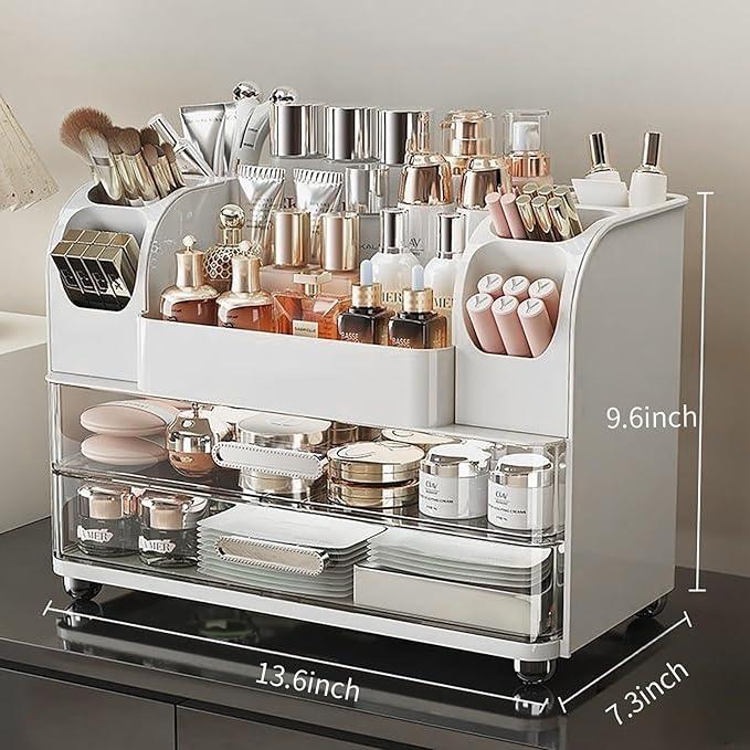 Makeup Organizer with Drawers for Vanity,Bathroom Countertop Organizer with Brushes Holder,Skincare Storage Organizer,Perfect Cosmetic Display Case for Skincare,Lipstick and Beauty Essential (White) - ModernBath
