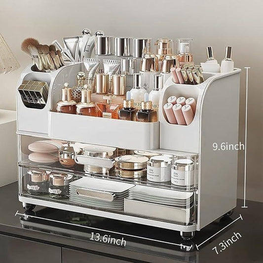 Makeup Organizer with Drawers for Vanity,Bathroom Countertop Organizer with Brushes Holder,Skincare Storage Organizer,Perfect Cosmetic Display Case for Skincare,Lipstick and Beauty Essential (White) - ModernBath