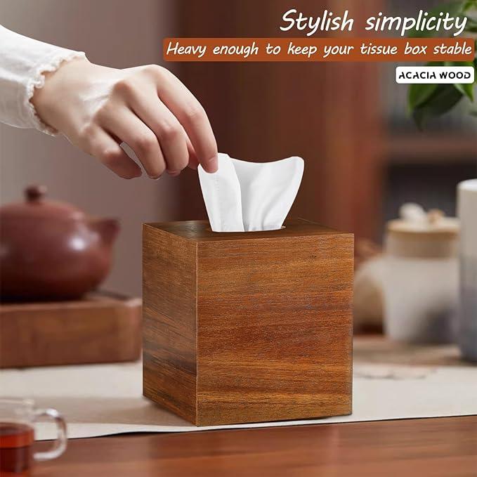 BIBELUN Square Tissue Box Cover,Acacia Wood Tissue Box Holder for Desktop Nightstand Bathroom Office,Decorative Facial Tissue Cube Box Cover/Organizer for Modern Home Decor - ModernBath