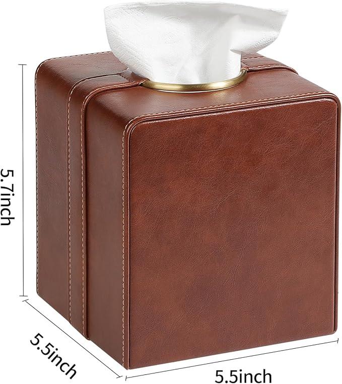 Cretkhp Luxury Square Tissue Box Cover, PU Leather Tissue Box Holder with Magnetic Closure and Gold Decorative Grommets for Bathroom Bedroom, Decorative Elegant Cube Tissue Holder (Brown) - ModernBath