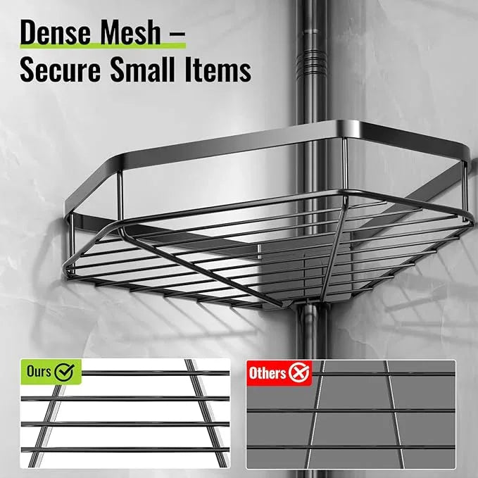 LAMU Shower Caddy Tension Pole with Adjustable Height, 4 Tier Baskets & Hooks, Corner Shower Caddy Tension Pole for Bathroom or Bathtub Corner Storage, Black - ModernBath