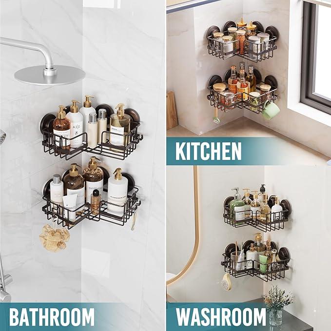 TAILI 2 Pack Powerful Suction Cup Shower Caddy Corner-adaptive, Stainless Steel Rustproof Shower Shelves with Hook, Drill-Free Wall Suction Baskets, Large Capacity Removable Bathroom Organizer, Brown - ModernBath