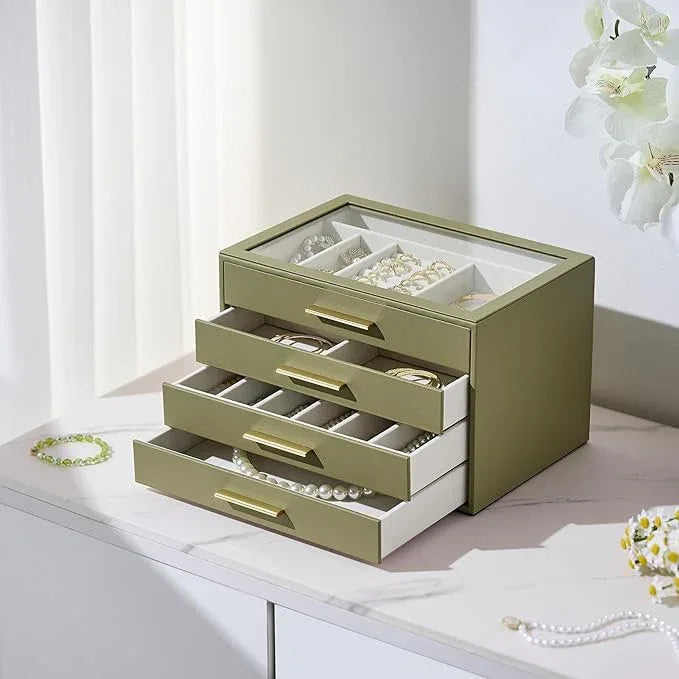 Jewelry Box Organizer Case for Women: 4-Layer Jewelry Storage Case with Glass Window, Olive Green Leather with Cream Velvet, Holder for Ring Necklace Bracelet Brooch Watch, Great Gift for Her - ModernBath