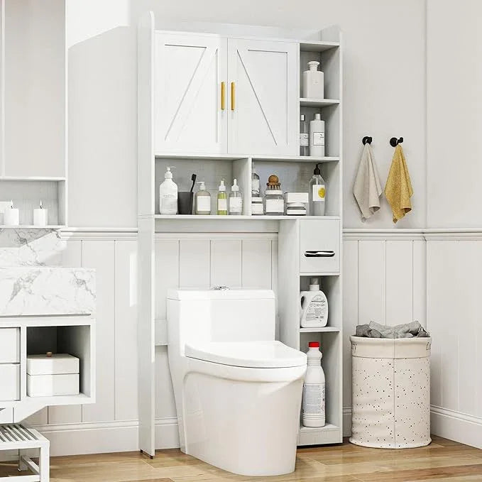 Farmhouse Over The Toilet Storage Cabinet with 2 Doors & 7 Shelves - Rustic Bathroom Cabinet Organizer Storage for Bathroom, Laundry - ModernBath