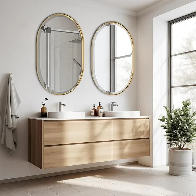 POZINO Oval Mirror Over Sink, Brushed Gold Beveled Mirror, 24"x36" Bathroom Vanity Mirrors with Stainless Steel Frame, Brass Oblong Wall Mirrors for Bedroom Living Room, Hangs Horizontal Or Vertical - ModernBath