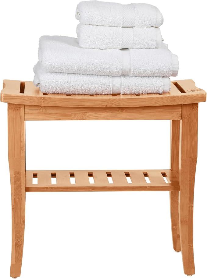 Bamboo Shower Bench - Small Wooden Shower Stool with Storage Shelf, Non-Slip Bathroom Seat, Spa Decor Bath Bench, Foot Rest Shaving Stool for Shower, Indoor Outdoor Use, Great Gift Idea (17" x 9 x 17) - ModernBath