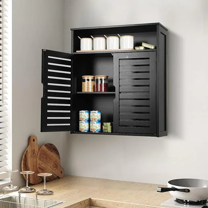 HYNAWIN Wall-Mounted Black Bathroom Cabinet with Double Doors, Bamboo Storage Shelf Organizer for Kitchen, Living Room, or Bathroom - ModernBath