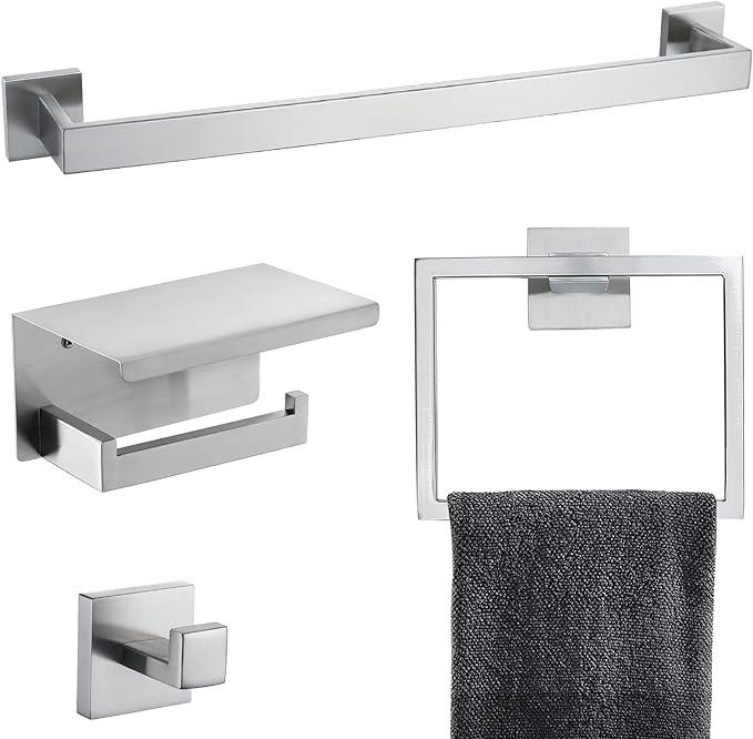 Brushed 4-Piece Bathroom Hardware Set Premium Stainless Steel Bath Towel Bar Sets Wall Mounted Bathroom Toilet Paper Holder with Shelf Set, 23.6 Inch - ModernBath