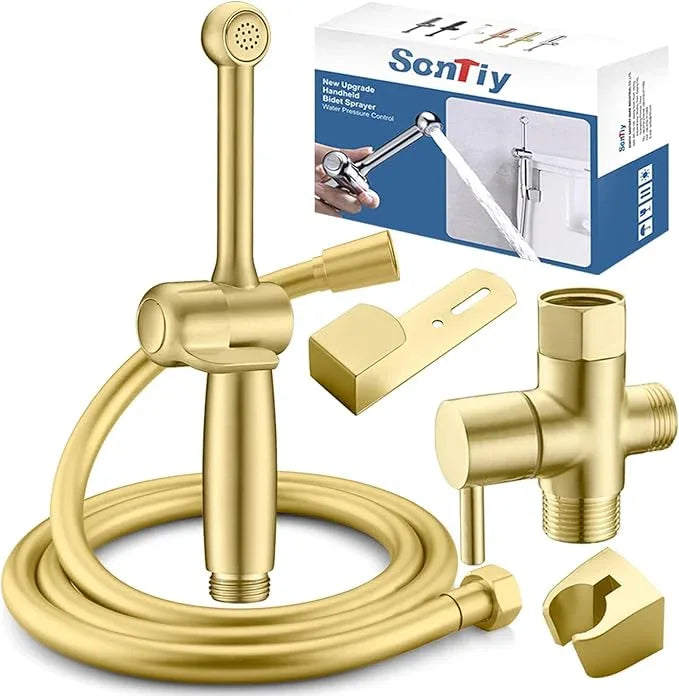 SonTiy Handheld Bidet Toilet Sprayer, Brass Cloth Diaper Sprayer Hand Held Bidet Attachment Jet Spray for Toilet with Backflow Preventer, 59" PVC Shower Hose and Shut Off Valve, Brushed Gold - ModernBath