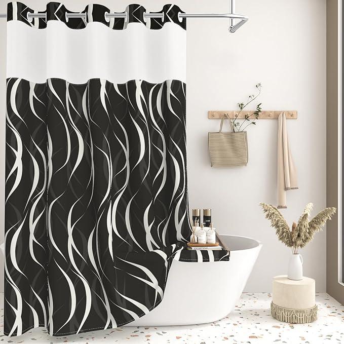 No Hook Black and White Striped Shower Curtain with Liner, Abstract Modern Minimalist Geometric Decor Bathroom Curtains, Hotel Style Waterproof Fabric Shower Curtain with Top Sheer Window, 71x74 Inch - ModernBath