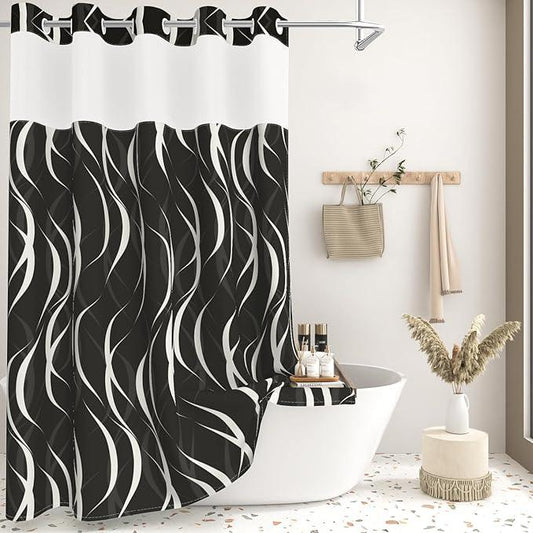 No Hook Black and White Striped Shower Curtain with Liner, Abstract Modern Minimalist Geometric Decor Bathroom Curtains, Hotel Style Waterproof Fabric Shower Curtain with Top Sheer Window, 71x74 Inch - ModernBath