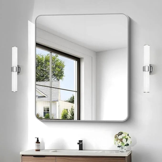 CIVENO 36x40 Inch Silver Bathroom Mirror, Metal Framed Silver Rectangle Mirrors, Rounded Rectangular Vanity Mirror, Wall Mounted Mirrors for Living Room Bedroom Entryway Hangs Horizontal or Vertical - ModernBath