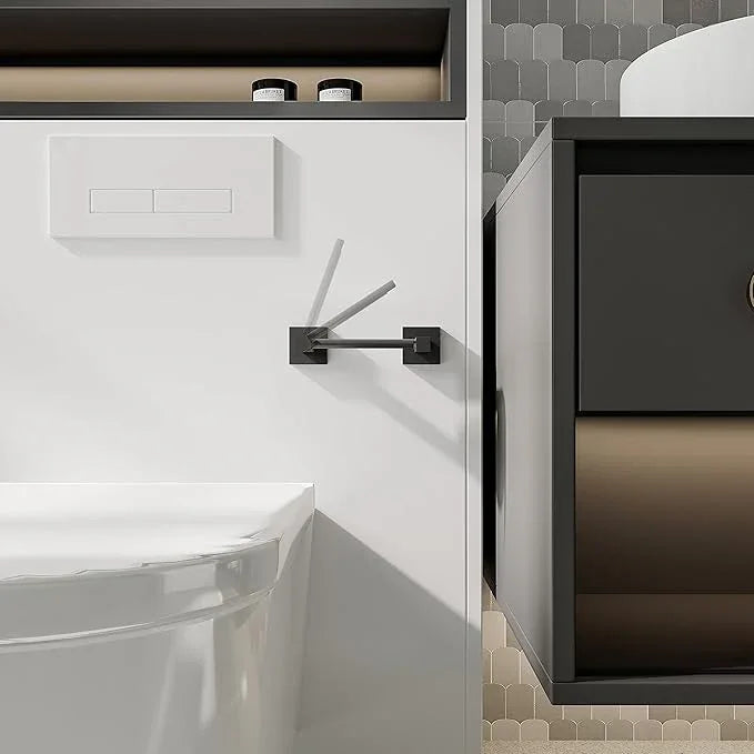 Ruacq Matte Black Toilet Paper Holder Towel Ring Bathroom Accessories Hardware Set Double Post Pivoting Toilet Roll Holder Square Stainless Steel and Zinc Alloy Modern Wall Mounted 2 Pieces - ModernBath