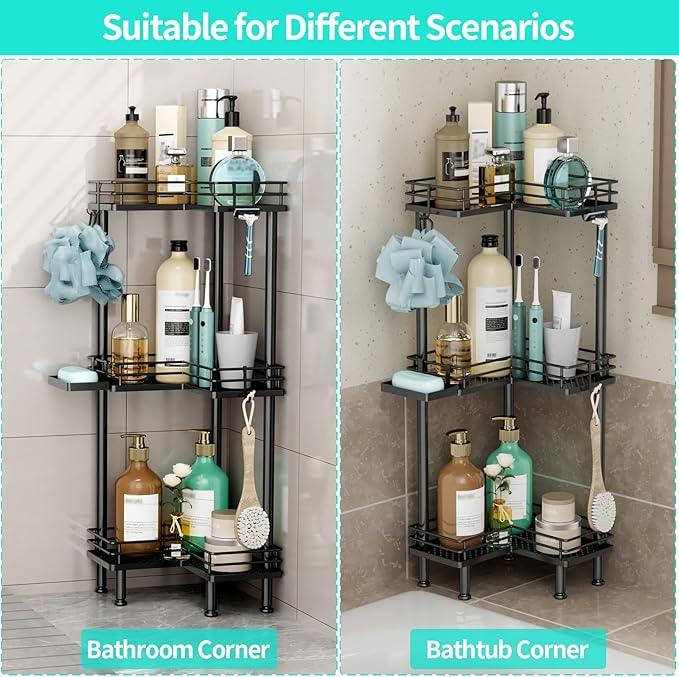HapiRm Corner Shower Caddy Standing - 3 Tier Shower Organizer Corner with Soap Holder, Rustproof Bathroom Standing Organizer with 4 Hooks, Black - ModernBath