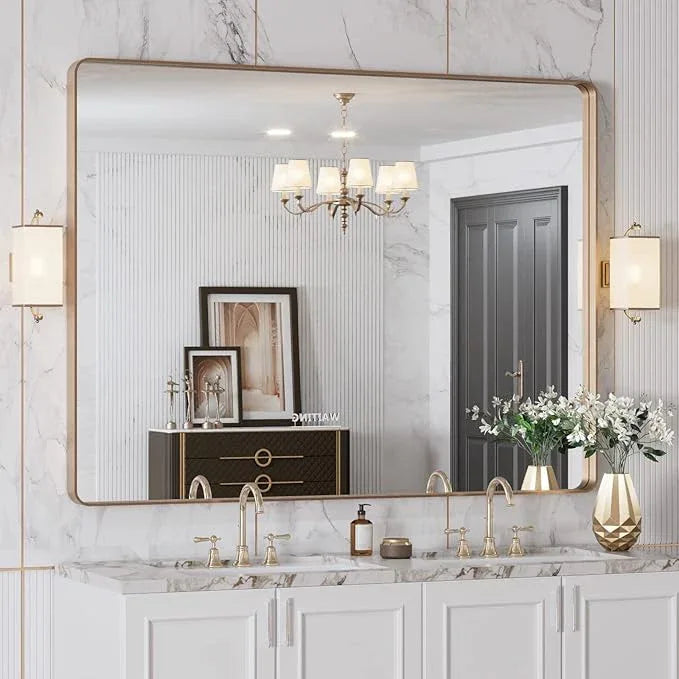 LOAAO 48”X36” Gold Bathroom Mirror, Rounded Rectangle Gold Frame Mirror, Brushed Gold Bathroom Vanity Mirror Wall-Mounted, Anti-Rust, Tempered Glass, Hangs Horizontally or Vertically - ModernBath
