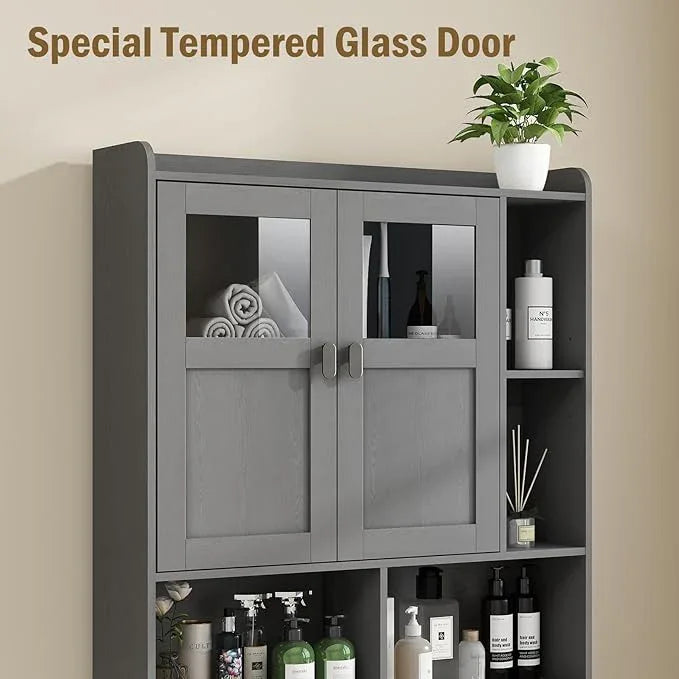 Vabches Over The Toilet Storage Cabinet, Bathroom Shelf Over Toilet with Glass Doors and Adjustable Shelves, Natural Grey Freestanding Home Space Save Toilet Rack, for Restroom, Bathroom, Laundry - ModernBath