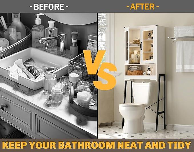 Over The Toilet Storage Cabinet with Tempered Glass Doors & Metal Stand, Over Toilet Organizer with Adjustable Shelf Space Saver Over Toilet , Tall Freestanding Shelf/Rack for Bathroom, Modern, White - ModernBath