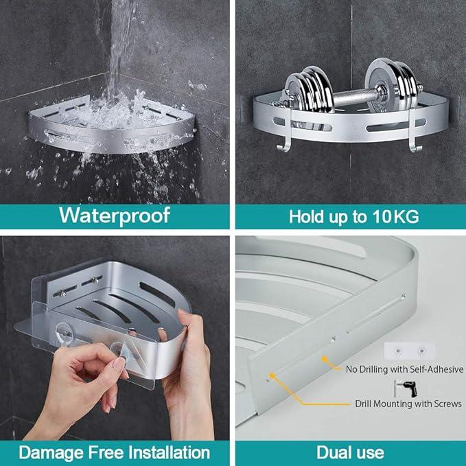 Hoomtaook Corner Caddy Bathroom Shower Shelf Wall Mounted No Drilling 2 Tier Storage Shelves Adhesive Triangle Baskets Silver Bathroom Kitchen Storage Basket - ModernBath