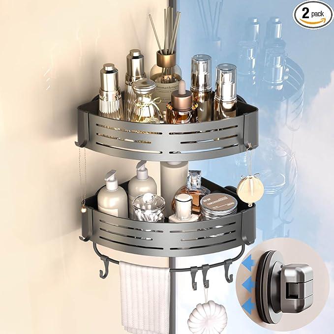 Onemake Corner Shower Caddy with Suction Cups, 2-Pack Removable Aluminum Wall Mounted Organizer Shelves Storage Rack with Towel Bar Portable Hook for Bathroom, Grey - ModernBath