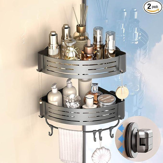 Onemake Corner Shower Caddy with Suction Cups, 2-Pack Removable Aluminum Wall Mounted Organizer Shelves Storage Rack with Towel Bar Portable Hook for Bathroom, Grey - ModernBath