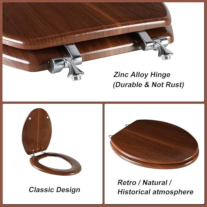 Angol Shiold Elongated Wooden Toilet Seat with Zinc Alloy Hinges, Easy to Install and Clean, Anti-pinch, Walnut - ModernBath