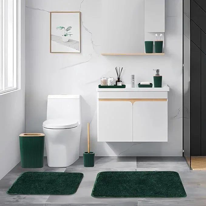 XLHOMO Dark Green Bathroom Accessories Set with Ombre Shower Curtain and Bathroom Rugs,Bathroom Sets with Trash Can,Toothbrush Holder and Cup,Soap Dispenser,Tray,Soap Dish,Toilet Brush,Qtip Holders - ModernBath