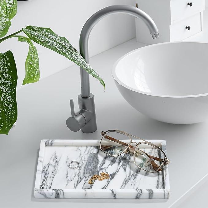 Amauto Natural Marble Vanity Tray Genuine Stone Storage Tray Real Luxurious for Home Decor Bathroom/Vanity/Dresser Non-Resin/Non-Ceramic (Arabescato Calacatta) - ModernBath