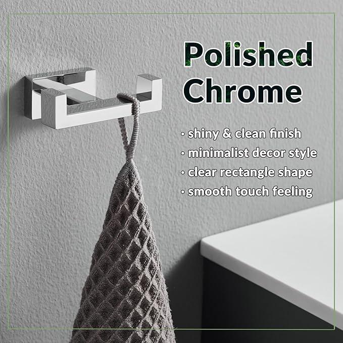 APLusee Square Double Towel Hook, 304 Stainless Steel Dual Coat Holder, Modern Bathroom Kitchen Storage Hanger Wall Mounted, Polished Chrome - ModernBath
