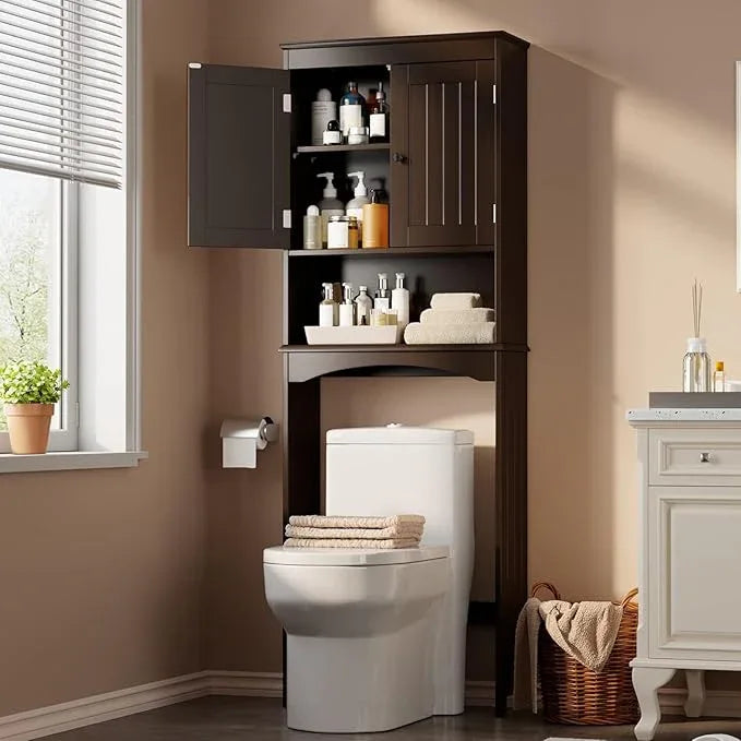 Gizoon Over The Toilet Storage Cabinet with Adjustable Shelf and Double Doors, Bathroom Space Saver Organizer Above Toilet with Open Shelf, Taller Wooden Free Standing Toilet Rack -Espresso - ModernBath
