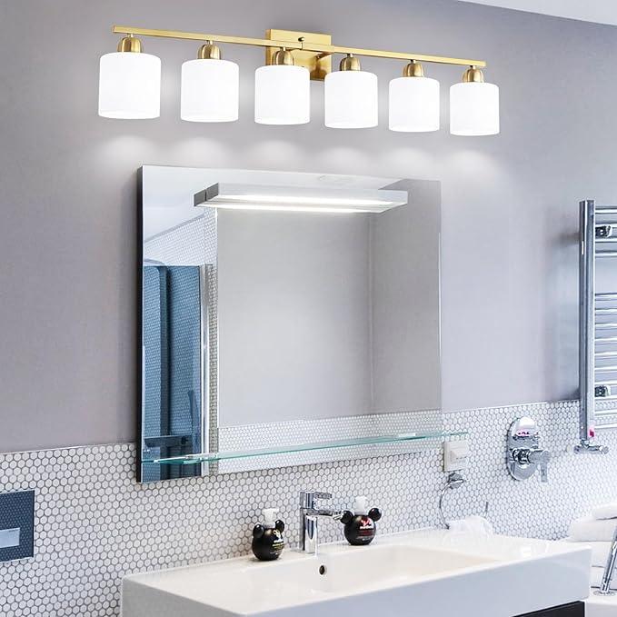 6 Light Gold Bathroom Vanity Light for Large Mirror, Gold Vanity Lights for Bathroom with Milky White Frosted Glass Shades, 38 inch Wall Lamp for Mirrors Living Room E26 Base - ModernBath
