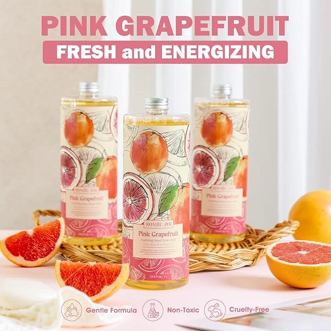 ROMIIE ZOI Foaming Hand Soap Refill Gift Set – 3 Pack *33.8 Fl Oz with Dispenser, Pink Grapefruit Scent–Moisturizing, Biodegradable & Chemical-Free Formula for Bathroom, Kitchen, Sensitive Skin - ModernBath