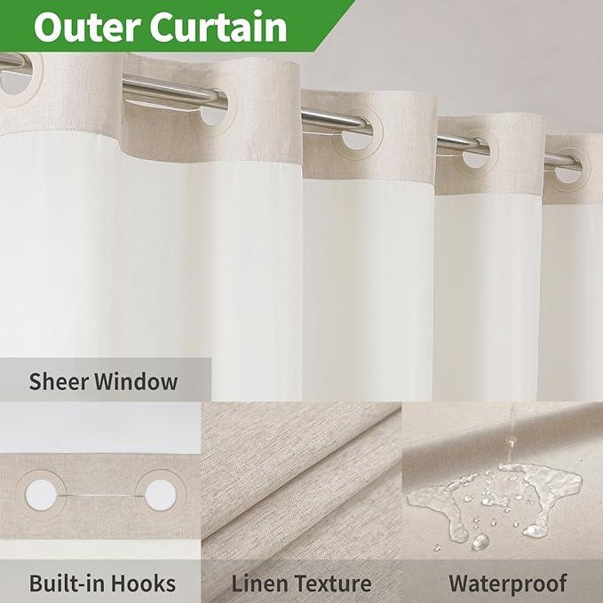 eachope Long No Hooks Needed Linen Textured Shower Curtain with Snap-in Fabric Liner Set,Cream Hotel Luxury Decor Shower Curtains for Bathroom,Waterproof & Washable,71Wx80H - ModernBath