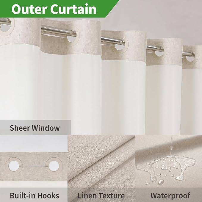 eachope Stall No Hooks Needed Linen Textured Shower Curtain with Snap-in Fabric Liner Set,Hotel Luxury Decor Shower Curtains for Bathroom,Waterproof & Washable,48Wx74H,Cream - ModernBath