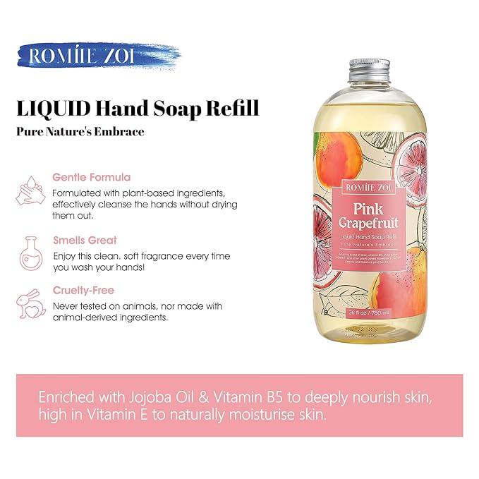 ROMIIE ZOI Liquid Hand Soap Refill, Pink Grapefruit, Gentle & Moisturizing Formula, 750 ML/ 26 FL OZ - ModernBath