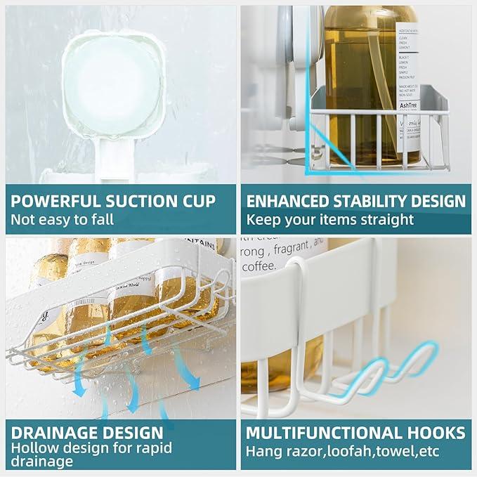 TAILI Shower Caddy Suction Cup 3 Pack, Stainless Steel Rustproof Shelves with Soap Holder Set, Drill-Free Wall Mounted Basket, Heavy Duty Removable Bathroom Organizers & Home Decor, White - ModernBath