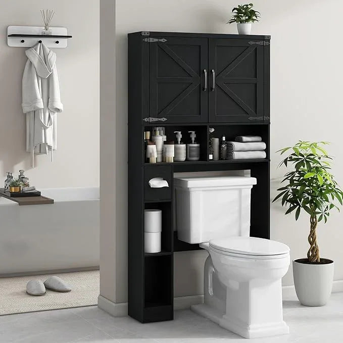 Vabches Over The Toilet Storage Cabinet, Farmhouse Storage Cabinet Over Toilet with 2 Barn Doors && Toilet Paper Holder Stand，Home Space-Saving Toilet Rack, for Laundry, Restroom, Bathroom.Pure Black - ModernBath