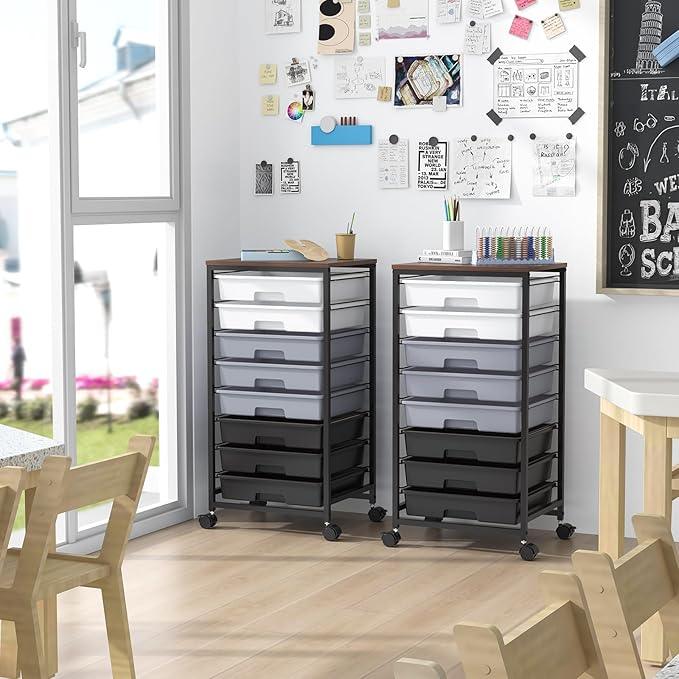 Rolling Cart with Drawers,Utility Cart With 8 Drawers and Wooden Tabletop for Living Room,Classroom,Bedroom,Bathroom,Dorm,Office,Dark Grey - ModernBath