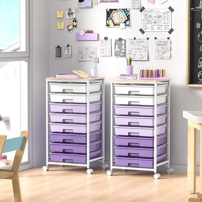 Rolling Cart with Drawers,Utility Cart With 8 Drawers and Wooden Tabletop for Living Room,Classroom,Bedroom,Bathroom,Dorm,Office,Purple - ModernBath