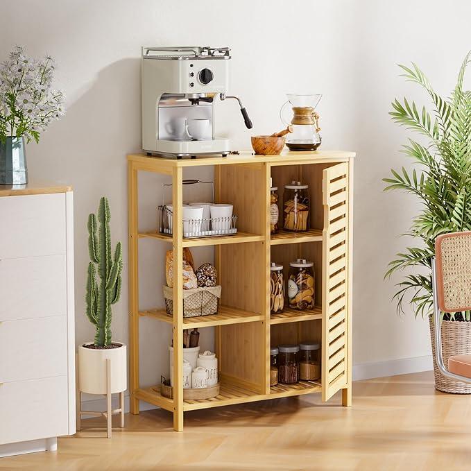 HITNET Bathroom Floor Cabinet, Bamboo Storage Cabinet with Door and 3 Open Shelves, Freestanding Side Kitchen Cupboard Organizer, Natural - ModernBath