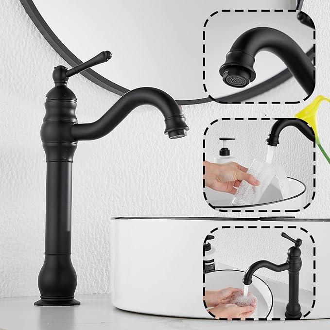 Black Bathroom Faucet GGStudy 360° Swivel Single-Handle One Hole Bathroom Vessel Sink Faucet Matching Pop Up Drain - ModernBath