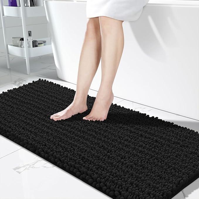 Yimobra Bathroom Runner Rug 60x24 Inch - Extra Long Non Slip Chenille Bath Mat, Soft & Absorbent, Machine Washable Shaggy Hallway Carpet for Vanity Tub Shower, Black Home Decor Accessories - ModernBath