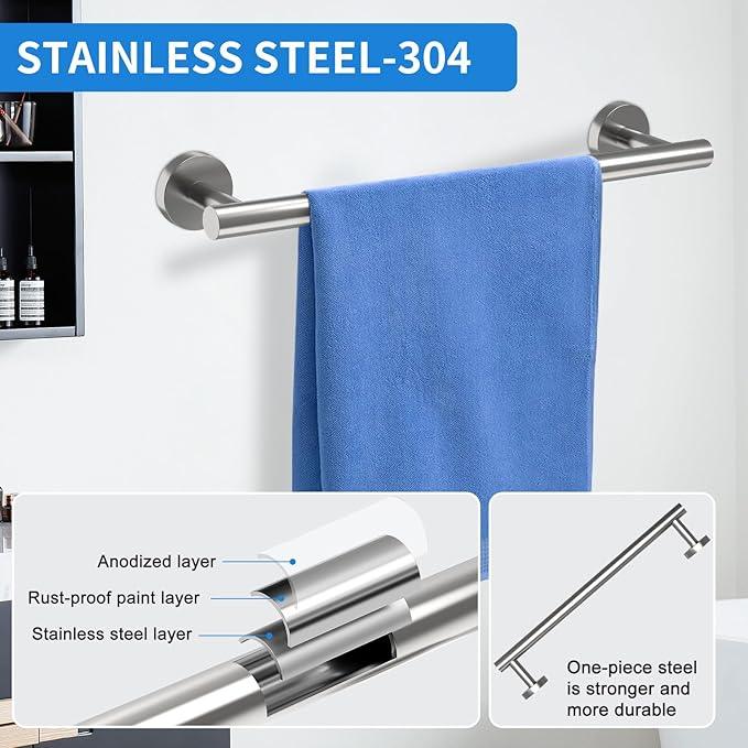 Brushed Nickel Bathroom Accessories, Bathroom Hardware Set, SUS304 Stainless Steel Bathroom Towel Holder Set, 16 Inch Towel Bar Set 5 Pcs, 2 Towel Hooks, Toilet Paper Holder, Towel Ring - ModernBath