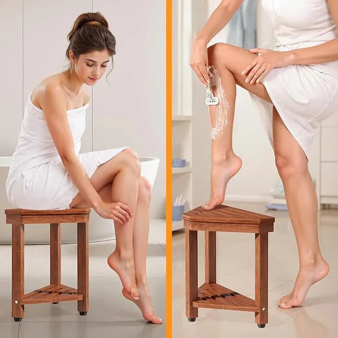 Shower Foot Rest 15 in, Acacia Shower Stool for Shaving Legs,Corner Bath Shower Bench with Starage Shelf for Inside Small Shower Spaces - ModernBath