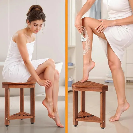 Shower Foot Rest 15 in, Acacia Shower Stool for Shaving Legs,Corner Bath Shower Bench with Starage Shelf for Inside Small Shower Spaces - ModernBath