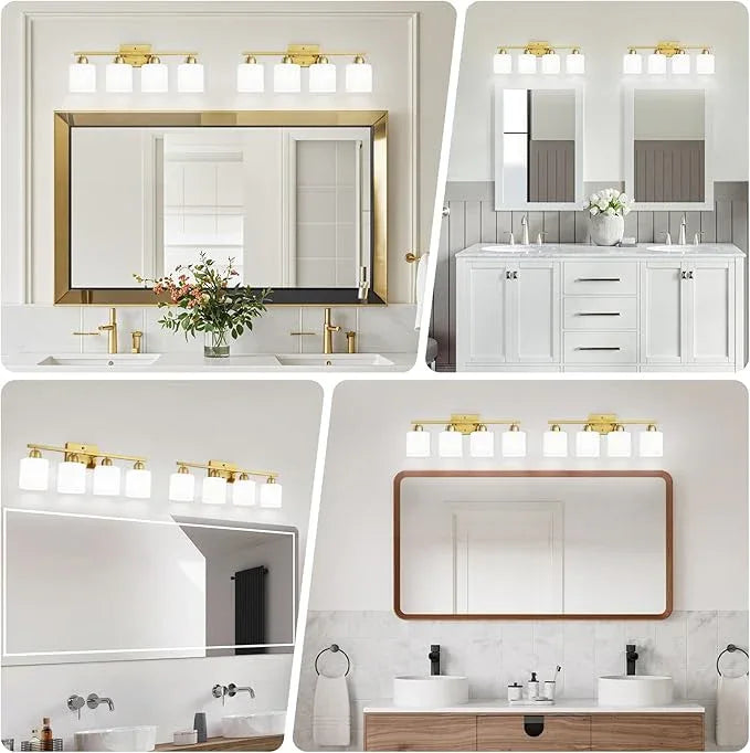 4 Light Gold Light Fixture Bathroom, Brushed Gold Vanity Light with Milky White Frosted Glass Shades, Lights for Bathroom Mirror for Living Room Bedroom Hallway E26 Base - ModernBath