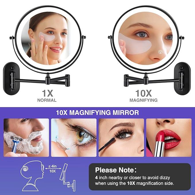 Rechargeable Wall Mounted Makeup Mirror, 8.5 inch Double-Sided 1/10x Magnifying Bathroom Mirror with 3 Color Lights, Lighted Vanity Mirror with 2-Touch Screen Dimming & Luminance Memory - ModernBath
