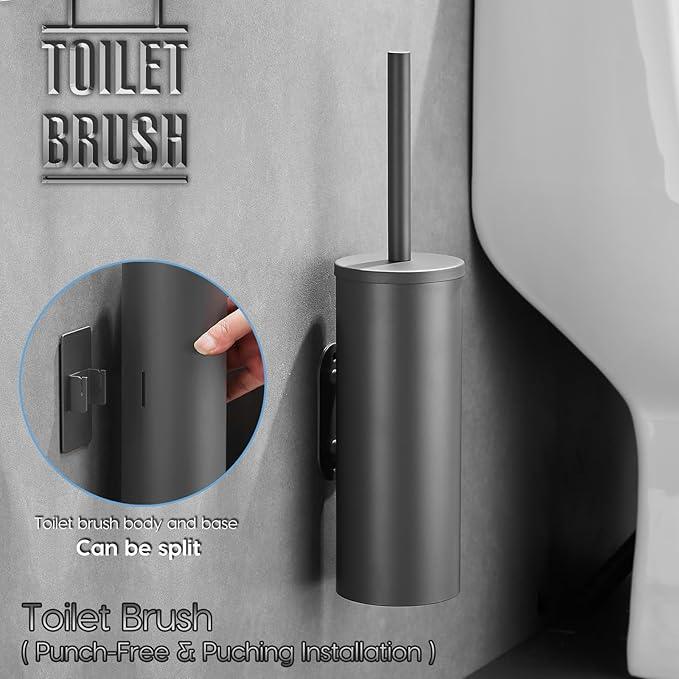 Stainless Steel Toilet Brush and Holder Set, No-Punch Hook Base Dual Purpose Toilet Brush Holder with Removable Inner Bucket and Splash Cover - Soft Bristles (Gray) - ModernBath