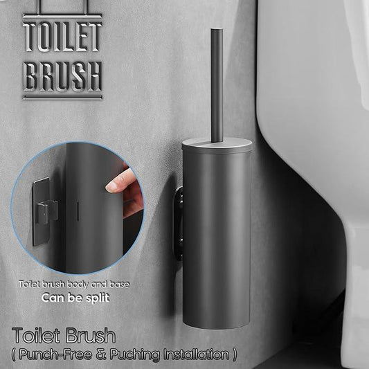 Stainless Steel Toilet Brush and Holder Set, No-Punch Hook Base Dual Purpose Toilet Brush Holder with Removable Inner Bucket and Splash Cover - Soft Bristles (Gray) - ModernBath