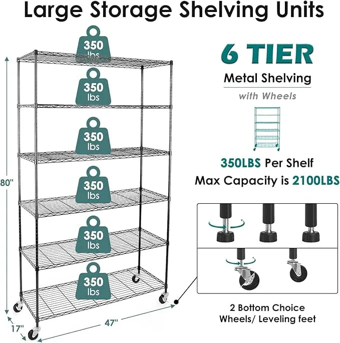 WDT 6 Tier Shelf Shelving Unit with Wheels,Adjustable Metal Shelves for Storage, NSF Black Wire Shelving Rack, 2100Lbs Capacity Heavy Duty Shelving Storage Shelves for Kitchen Garage,47" Dx17 Wx80 H - ModernBath